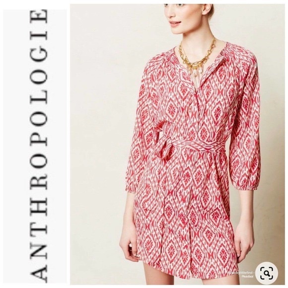 Anthropologie Maeve Frequencies Ikat Print 3/4 Sleeve Tunic Shirt Dress - Picture 1 of 4